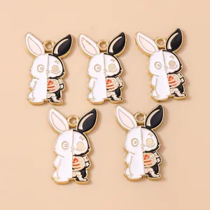Gothic half-skeleton rabbit enamel pendants with gold finish for Halloween DIY jewelry