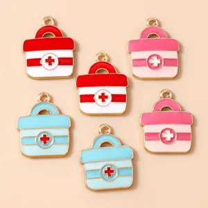 Zinc Alloy Medical Box Charms First Aid Kit Shape Enamel Pendants With Cross Symbol For DIY Jewelry Making Accessories
