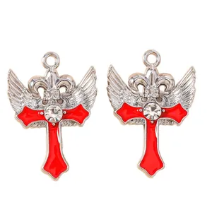 Rote Emaille-Kreuzanhänger mit silbernen Flügeln und Kristallen für DIY-Schmuck