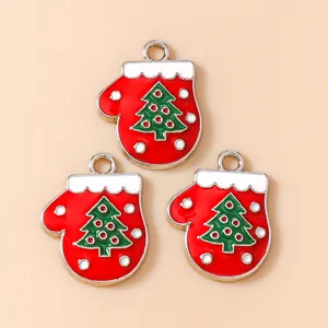 Colgantes de mitones navideños rojos con patrón de árbol para joyas DIY 10pzs