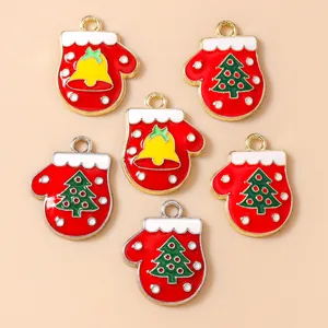 Colgantes de Mitón de Navidad de Aleación y Esmalte Dijes de Guante Rojo Con Patrón de Campana y Árbol para Joyería DIY