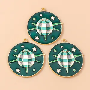 Green disco ball enamel pendants with gold edges for DIY earring and jewelry making