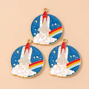 Space Shuttle enamel charms with rainbow and stars in gold plating for DIY jewelry making