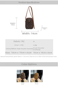 Detailed size chart and specifications for vintage monogram PU leather mini shell bag