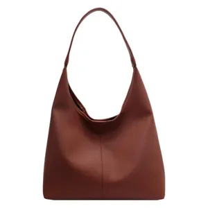 Brown leather Hobo bag for women with minimalist stitch detail and high capacity