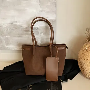 Dames Retro Gematteerd PU Suede Textuur Grote Capaciteit Tote Bag Minimalistische Schoudertas Met Mini Pouch Tassenset