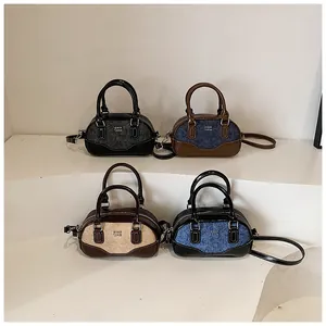 Detail view of retro bowling bags in four contrasting fabric textures and colors