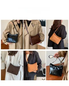 Detailed views of vintage square shoulder bags in black, coffee, and camel finishes