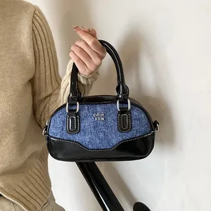 Vintage Contrast Color PU Leather Denim Bowling Bag For Women Trendy Patchwork Shoulder Crossbody Bag Retro Boston Handbag