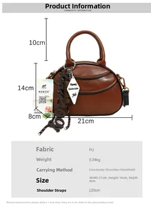 Detailed dimension guide for brown PU leather baseball bag with chocolate charm