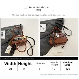 Size chart and interior capacity view of a stylish brown leather crossbody baseball bag