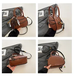 Collage of brown retro PU leather crossbody bag showing front, side and bottom views