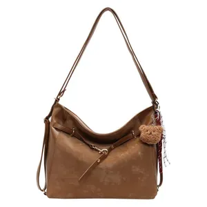 Vintage dark brown large capacity tote bag with cute bear charm and silk scarf decoration