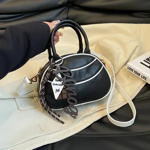 Women Vintage Semicircle Shoulder Bag Retro Contrast Piping PU Leather Crossbody Bag With Chocolate Charm And Letter Pendant