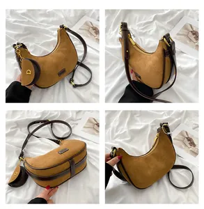 Brown hobo bag with suede finish and mini coin purse shown from four different angles
