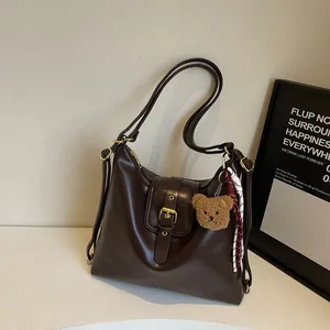 Women Retro PU Leather Large Capacity Tote Bag With Plush Bear Pendant Fashion Casual Hobo Shoulder Bag For Commuting