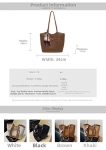 Size chart showing large tote bag dimensions 34x26x11cm with material and color details