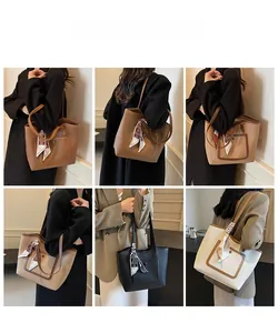 Multiple views of tote bag featuring contrast colors and stylish silk scarf decor