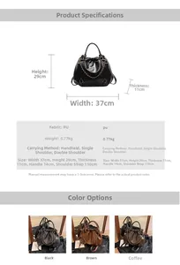 Detailed size specifications and material chart for vintage pleated PU leather tote bag
