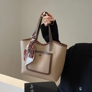 Women Large Capacity Tote Bag PU Leather Lychee Grain Shoulder Bag With Satin Scarf Simple Commuting Tote Bag For Daily Use