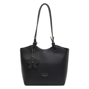 Chic black litchi grain leather bucket bag with floral charm and gold logo lettering