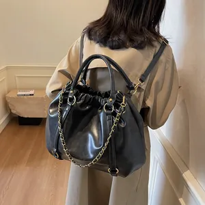 Vintage black pleated PU leather tote bag with gold chain strap for women