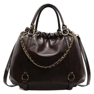 Retro dark brown pleated PU leather handbag with gold chain detail and shoulder strap