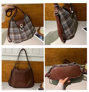 Detailansicht der karierten Leder-Beuteltasche mit Fokus auf Textur und verschiedene Seiten