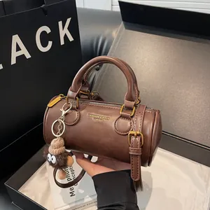 Retro PU Leather Cylinder Crossbody Bag For Women Fashion Handbag With Plush Pendant Urban Minimalist Solid Color Small Bag