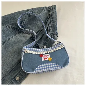 Detail of sweet denim bag with plaid borders, lace trims, and floral cherry appliques