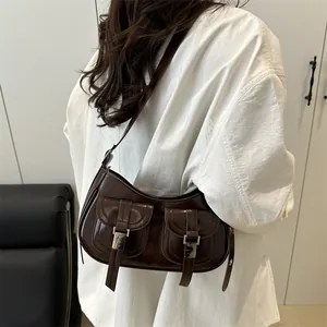 Chic dark brown faux leather underarm bag with double front buckle pockets for women