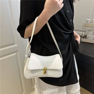 French style white leather shoulder bag with golden clasp and adjustable strap for women