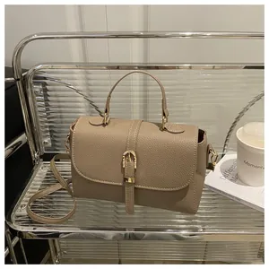 Detail of khaki leather handbag with lychee texture and golden metal buckle lock