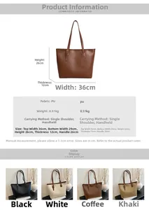 Detailed size guide and specifications for the large PU leather tote bag in various colors