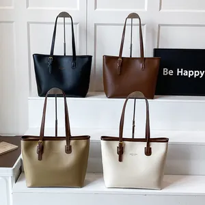 Women Large Capacity PU Leather Tote Bag Urban Fashion Commuter Shoulder Bag With Gold Hardware Contrast Trim Handbag