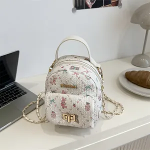 Cute Women Mini Backpack Cartoon Bear Rabbit Print Textured PU Leather Crossbody Bag Gold Chain Strap Twist Lock Handbag