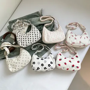 Women Corduroy Hobo Shoulder Bag Sweet Floral Strawberry Cherry Print Underarm Handbag With Adjustable Strap For Daily Travel