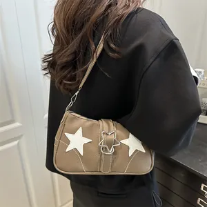 Khaki star-patch leather underarm bag for women with metallic star buckle detail