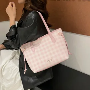 Chic pink checkered tote bag for women with shoulder straps and fashion text print