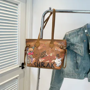 Graffiti Print Tote Bag PU Leather Large Capacity Street Style Shoulder Handbag For Women Casual Travel