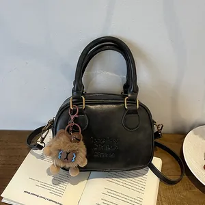 Fashion PU Leather Small Square Bag Retro Boston Handbag For Women Solid Color Crossbody Shoulder Bag With Plush Bear Pendant