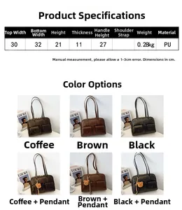 Detailed size specifications for vintage PU shoulder bag in brown, black, and coffee colors