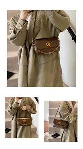 Three angles of a brown glossy leather shoulder bag with gold chain and twist lock