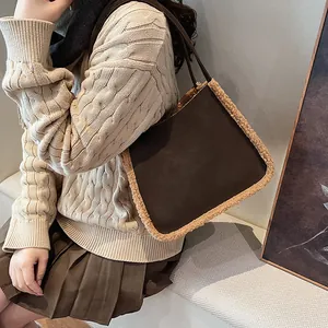 Brown suede tote bag with plush faux fur trim and large capacity for women