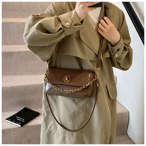 Detail of dark brown shoulder bag with gold chain strap and metallic buckle closure
