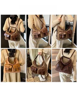 Detailed views of vintage brown leather and tweed hybrid backpack for women