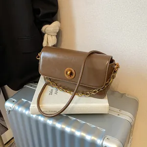 Women Retro Glossy PU Leather Small Square Bag With Gold Chain And Round Lock Single Shoulder Crossbody Underarm Bag For Daily Dating Commuting