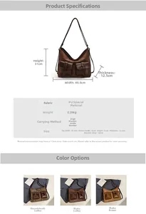 Detailed size guide and multi-pocket features of the dark brown PU leather backpack