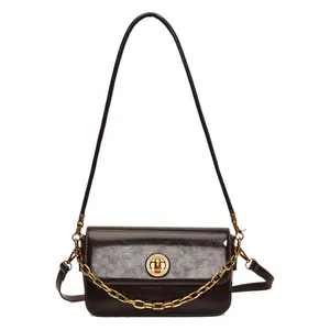 Vintage dark brown square shoulder bag with golden round buckle and metal chain strap