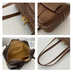 Detailed views of brown vintage bag featuring pockets, zippers, and spacious interior